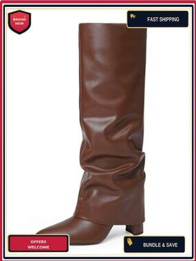 Fold Over Knee High Boots, Chunky Heel, Pointed Toe, Faux Leather, Zip Closure